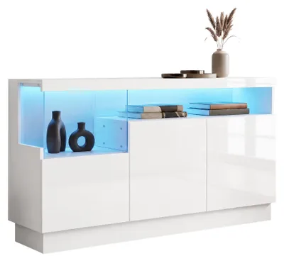 Produktbild von Moonbite Sideboard 140 cm Hochglanz mit 3 Türen, Wohnzimmerschrank Acryl-Fach im Vitrinenstil, geräumige Fächer, Spanplatte, Weiß