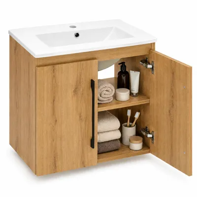 Produktbild von paplinskioebel badezimmerwandschrank 60 x 39 x 56 cm,  badezimmerschrank mit waschbecken,kleiner waschbeckenschrank, gästebadschrank in eiche lancelot, KI-generiertes Bild