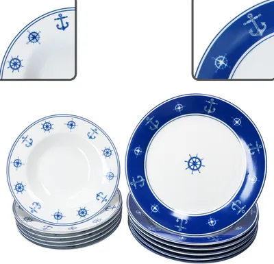 A set of nautical-themed plates and bowls.