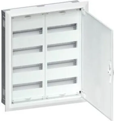 An open white electrical distribution box with multiple compartments.
