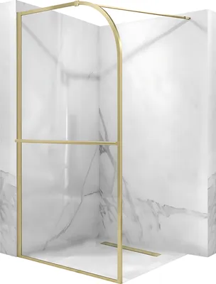 A shower wall with a gold frame and clear glass panels, set against a marble-patterned background.