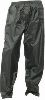 A pair of dark olive rain trousers.