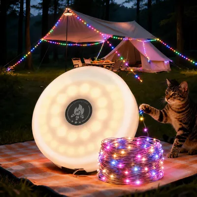 Produktbild von 3-in-1 Camping Lichterkette Aufrollbar,5 Leuchtmodi,Tragbare LED Campinglampe,USB wiederaufladbar Campingleuchte,Lichterketten außen 10m,Campingausrüs