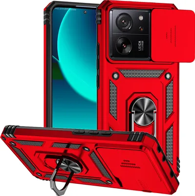 Produktbild von Xiaomi 13T Hülle mit Schiebe Kamera Schutz und Ringhalter Ständer Schutzhülle für Xiaomi 13T /13T Pro / Redmi K60 Ultra Rot