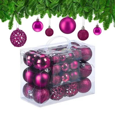 Obrázek produktu pro Vánoční ozdoby Relaxdays v sadě po 50 kusech, třpytivé, matné a lesklé ozdoby na vánoční stromeček, plast, ∅ 3, 4 a 6 cm, růžové