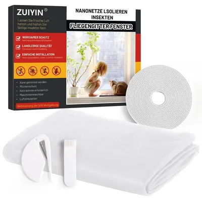 Produktbild von Fliegengitter für Fenster 2 Stück 130 x 150 cm weiß Zuschneidbar ohne Bohren Insektenschutz Klettband Mückennetz