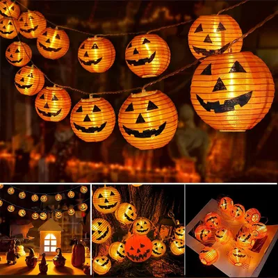 Produktbild von Halloween Deko Garten, 4M 20 LED Orange Kürbis Lampion Lichterkette mit Batteriebetrieben, 2 Modi Wasserdicht Halloween Lichterkette für Außen Innen, Allerheiligen, Halloween Dekorations