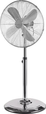 A chrome oscillating pedestal fan against a white background.