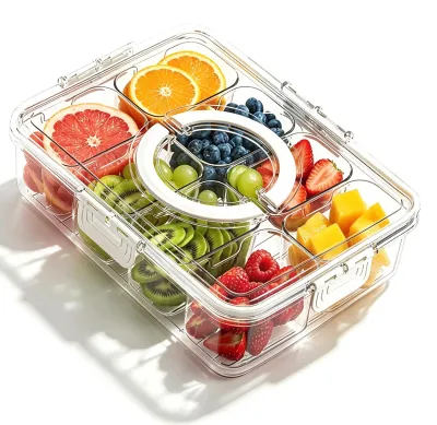 Snackbox mit 8 Fächern, Deckel und Griff, transparent