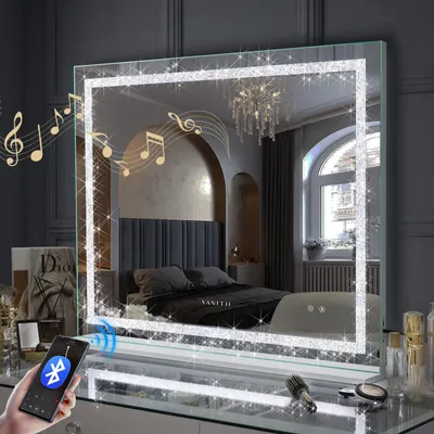 Zdjęcie produktu dla VANITII Hollywoodzkie lustro do makijażu 100cm x 80cm z oświetleniem LED 3 tryby oświetlenia kryształy Bluetooth lustro do makijażu do toaletki łazienkowej Biały
