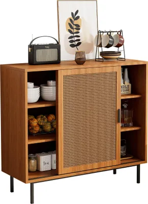 Immagine prodotto di Credenza con 2 ante scorrevoli e ripiano regolabile – Stile country per soggiorno e sala da pranzo – Dimensioni: L100/H90/P37 cm