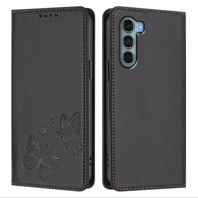 Produktbild von Lederhülle für Motorola Moto G200, Schmetterling Prägung Leder Brieftasche Schutzhülle mit Ständer Schwarz