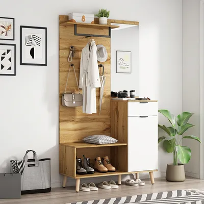 Image de Armoire - Armoire de rangement - Rangement - Armoire à portes coulissantes - Rangement à chaussures - Bois - Miroir - Banc à chaussures