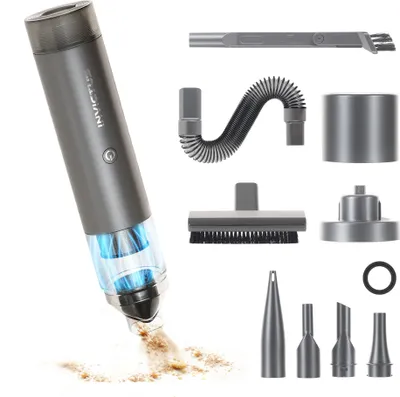 A handheld vacuum cleaner and its various attachments are displayed against a white background.