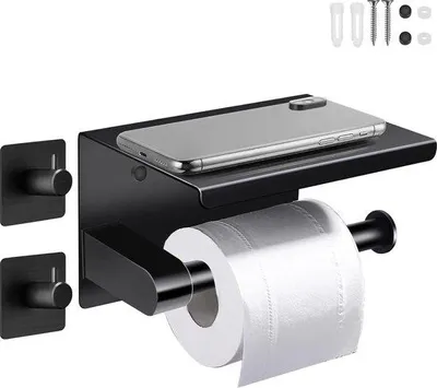 Produktbild von Schwarze Wandtoilettenpapierhalterung mit 2 Haken und Ablage