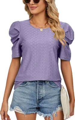 Produktbild von ASKSA Damen T-Shirt Puffärmel Shirts Einfarbige Tops Rundhals Kurzarm Sommer Oberteil, Violett, XL