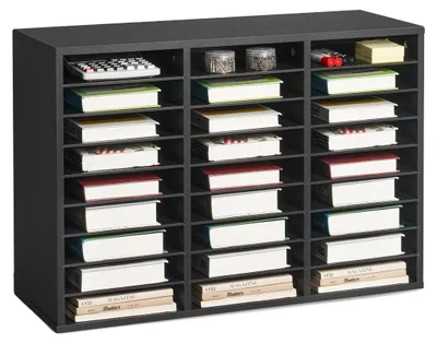 Produktbild von VEVOR Literaturorganisator, 5 Fächer Büropostfach mit verstellbaren Regalen, Holzpostsortierer aus mitteldichtem Faserboard für Büro, Zuhause, Klassenzimmer zur Aufbewahrung von Dateien, Dokumenten, Papieren, Grau, Schwarz, 27 Fächer