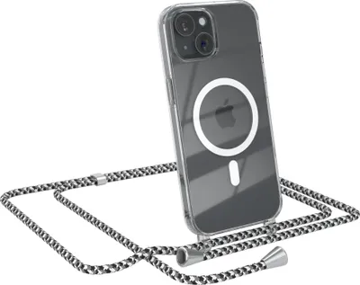 Produktbild von EAZY CASE - Handykette kompatibel mit Apple iPhone 15 Kette zum Umhängen Stoßfest Handyhülle für Apple iPhone 15 Silikon Hülle mit Band Handytasche Transparent als Fallschutz in Schwarz Camouflage