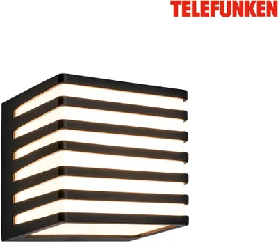 A modern, square wall light fixture with horizontal slats, illuminated from within, set against a plain white background. The brand name 'TELEFUNKEN' is visible in red capital letters in the upper right corner.
