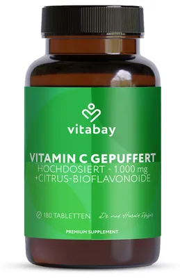 Produktbild von Vitabay Vitamin C gepuffert 1000 mg – 180 vegane Time Released Tabletten mit Citrus-Flavonoiden – labor - Vorrat für 6 Monate