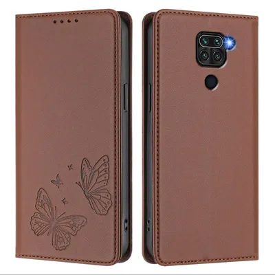 Produktbild von Lederhülle für Xiaomi Redmi Note 9 4G, Schmetterling Prägung Leder Brieftasche Schutzhülle mit Ständer Braun