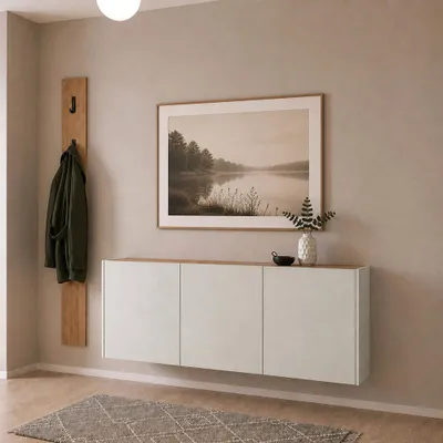 Produktbild von Garderobenset 2-teilig mit Schuhschrank & Garderobenpaneel in Beige mit Eiche - LAPUA-01