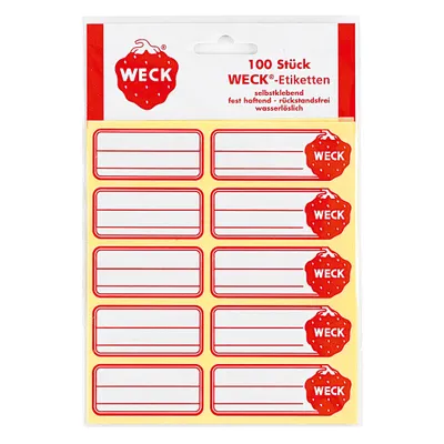 Zdjęcie produktu dla WECK 80812 Etykiety samoprzylepne, rozpuszczalne w wodzie, nie pozostawiające śladów, białe/czerwone (opakowanie 100 szt.)