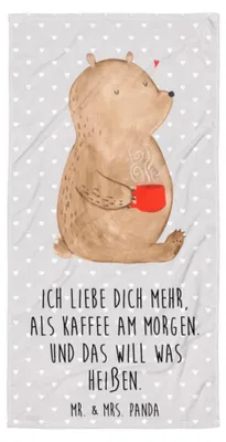 Produktbild von Mr. & Mrs. Panda Strandtuch Bär Morgenkaffee - Grau Pastell - Geschenk, Freundin, Reisehandtuch, für Partner, Hochzeitstag, Handtuch, Valentinstag, Frotteehandtuch