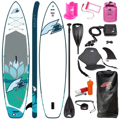 Obrázek produktu pro Sada F2 Lotus 10'2 BLUE Multiset SUP – nafukovací, kajakové sedátko, akumulátorová elektrická pumpa, turistické pádlo, délka 310 cm