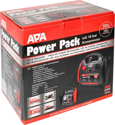 The image shows the retail packaging of an APA Power Pack jump starter and air compressor.