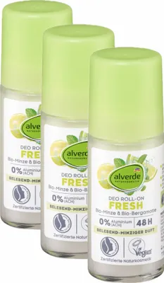 Produktbild von 3 x  alverde Naturkosmetik - Deo Roll On Deodorant Fresh Minze & Bergamotte (3 x 50 ml)