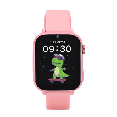 A pink smartwatch with a cartoon dinosaur on the screen is shown against a white background.