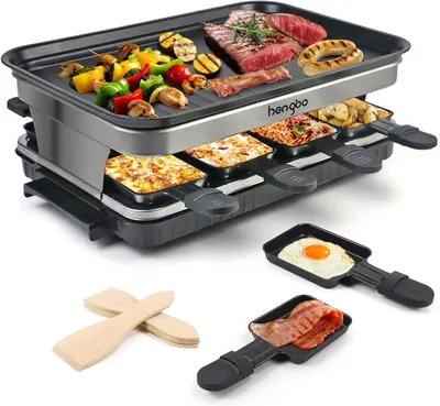 Produktbild von Raclette mit 8 Mini Raclette Pfännchen & 4 Holzspatel, Stufenlos Regulierbare Temperatur, 1500W, Edelstahl