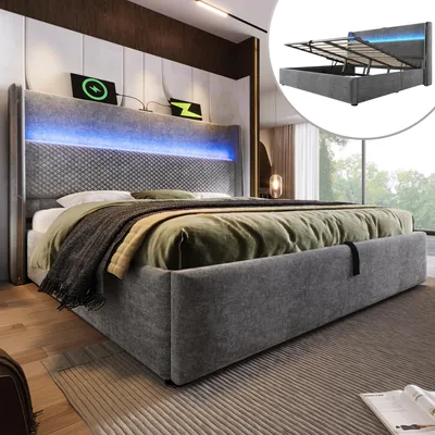 Produktbild von Flieks Hydraulisches Polsterbett 160x200cm mit USB/Type-C-Anschlüssen, Stauraumbett Doppelbett Jugendbett mit Led, Leinen, Grau