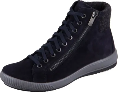 A single navy blue high-top sneaker with a gray sole and a gray fabric accent at the ankle, shown against a white background.