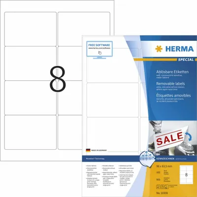 Image de HERMA Special - Papier - mat - adhésif sensible à la pression, amovible - blanc - 96 x 63.5 mm 800 étiquette(s) (100 feuilles x 8) étiquettes