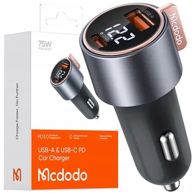 Obrázek produktu pro Mcdodo autonabjeka se dvma porty 1x USB, 1x Type-C, digitln displej, rychl nabjen PD, 75W, ern