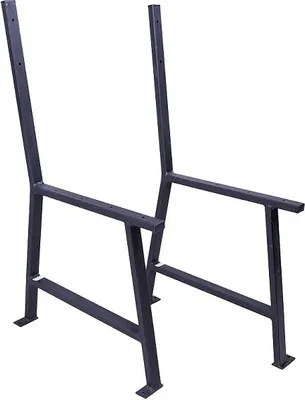 A pair of black metal bench legs on a white background.