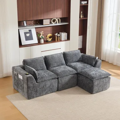 Produktbild von okwish Dreisitzer Ecksofa mit einer Fußhocker und Kissen, Wohnzimmersofa mit Getränkehalter und Seitentaschen, Schlafsofa,Chenille,Dunkelgrau