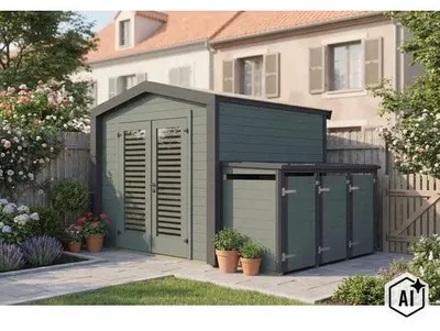 Productafbeelding van Tuinhuis Killarney, 250x250 cm, groen-grijs, 28 mm dik, afvalcontainerbox voor 3 containers