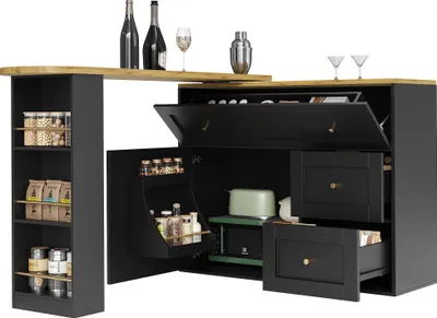 Produktbild von Flieks Bartisch 360°drehbar, Esstisch Essbar mit klappbarer Tür, Sideboardschrank 138-204x39x105 cm, Stehtisch mit Sideboard, Kücheninsel schwarz
