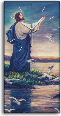 Produktbild von Wohnzimmer-Bild Leinwand Uhr Geräuschlos 30x60 Malerei Religiöse Vögel See Kunst - weiße Hände