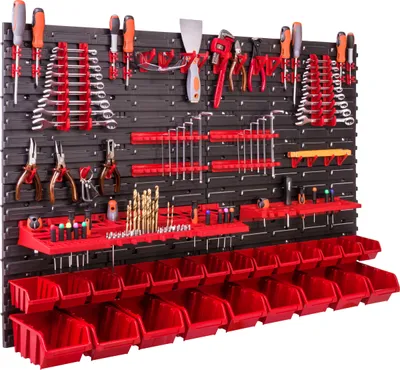 Obrázek produktu pro 23 stohovacích boxů Nástěnná police 115x78cm Držák nářadí Plastový systém pro skladování na pracovním stole