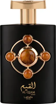 A product shot of a black perfume bottle with gold accents and amber-colored stones.