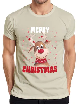 Productafbeelding van Merry Christmas, rendier, schattig - Kerstmis, kerst, heren T-shirt, natuur, maat L