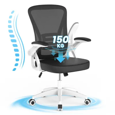 Produktbild von Bürostuhl – Ergonomischer Sitz – Sessel mit 90° klappbarer Armlehne – Lordosenstütze – höhenverstellbar - schwarz und weiß