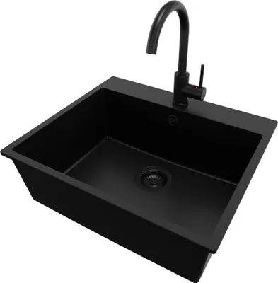 Produktbild von PRIMAGRAN Granitspüle Alles Schwarz 58x50cm, Spülbecken 1 Becken + Küchenarmatur 32x20cm + Ablauf-Set, Küchenspüle ab 60er Unterschrank - Riga