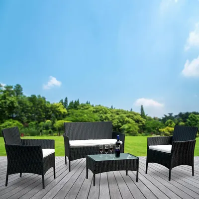 Produktbild von Sitzgruppe Polyrattan Garten Hocker Lounge Sessel Gartenlounge Lounge Set Polyrattan Ecksofa Gartenmöbel Schwarz