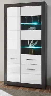 Produktbild von Vitrine "Briard" weiß Hochglanz grau Vitrinenschrank 100 x 198 cm