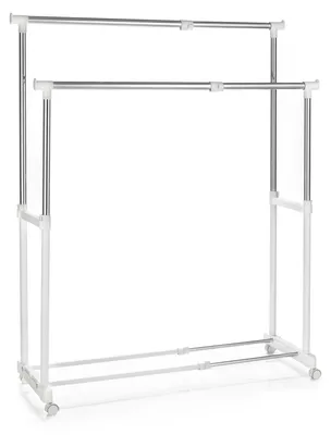 Produktbild von Garderobenwagen Rollgarderobe Kleiderständer  Garderobenständer Rollkleiderständer CASA in weiß, 2 Kleiderstangen, Metallgestell verchromt, höhen- und breitenverstellbar